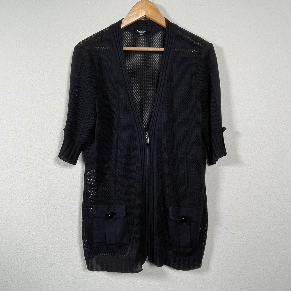 Misook Zip Front Cardigan Womens L Black S/S Mesh Knit Office Quiet Luxury